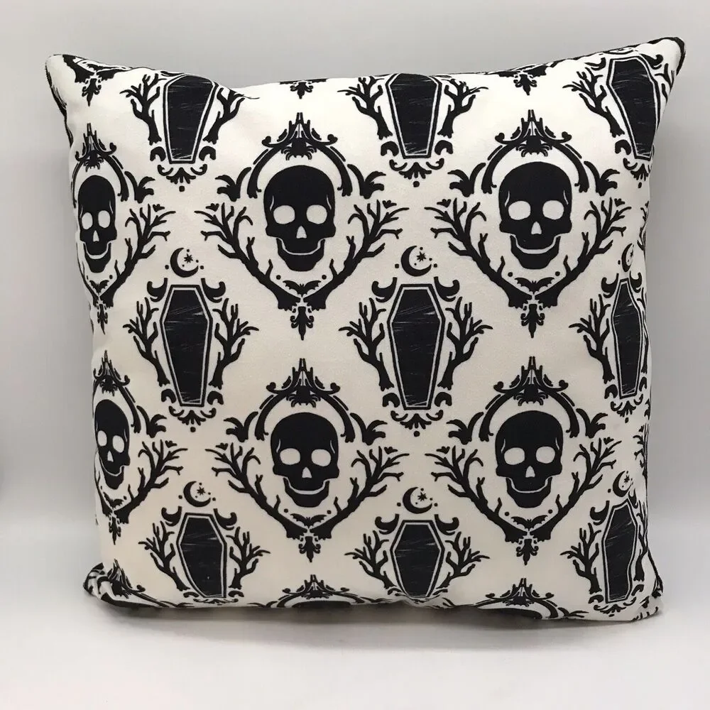 Skeleton Skull & Coffins Square Throw Pillow Plush Black White Gothic Decor 15